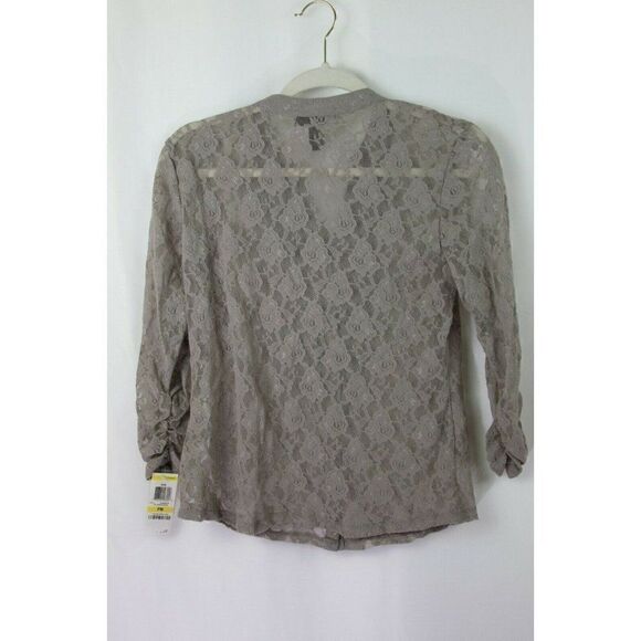 Style & Co Lace Blouse Button Front Ruffle Gray Sheer 3/4 Sleeves Petite MP NEW - Picture 3 of 7